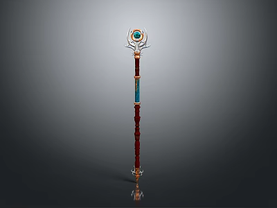 Enchanting Magic Staff With Red Shaft Blue Gemstone And Golden Top Ornament 3d model