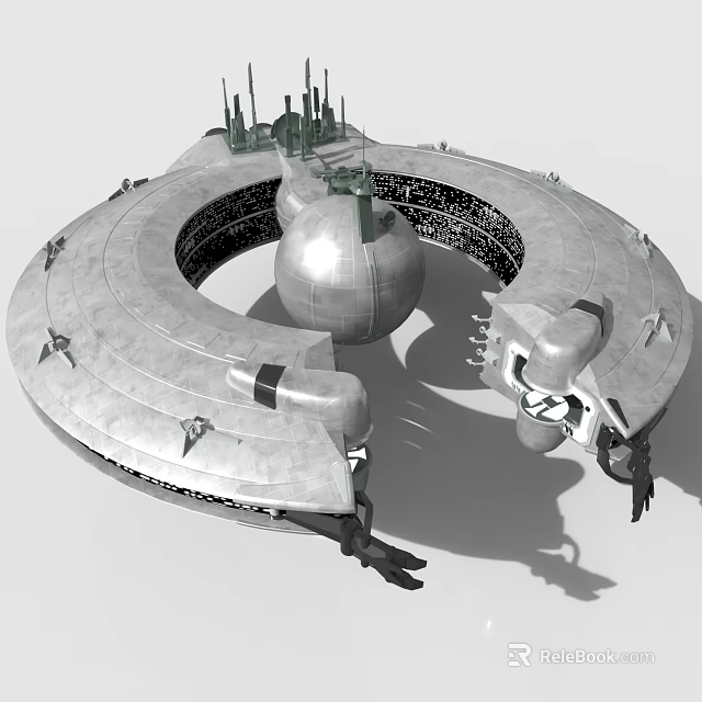 Futuristic Circular Sci Fi Structure With Central Spherical Part And Tower Elements 3d model