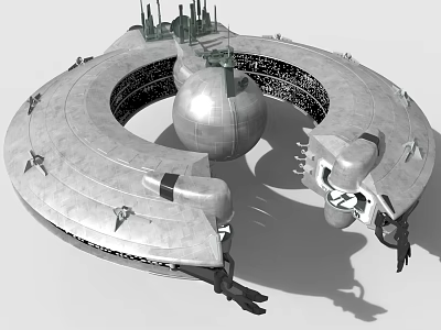 Futuristic Circular Sci Fi Structure With Central Spherical Part And Tower Elements 3d model