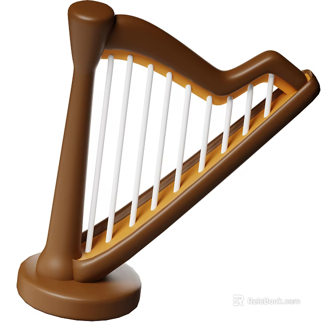 3D Model Brown Harp In Cartoon Style With White Strings And Decorative Design 3d model 