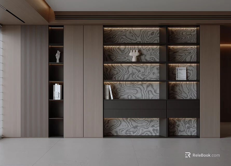 Modern Bookcase Interior Design With Wooden Panels Shelves Books And Decorative Items 3d model 