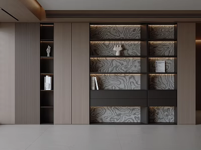 Modern Bookcase Interior Design With Wooden Panels Shelves Books And Decorative Items 3d model