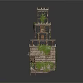 Ancient Multi Layered Building Structure With Green Plants And Wooden Details