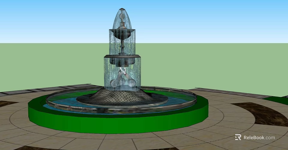 Multi Tiered Decorative Fountain With Circular Green Base And Paved Surroundings 3d model 
