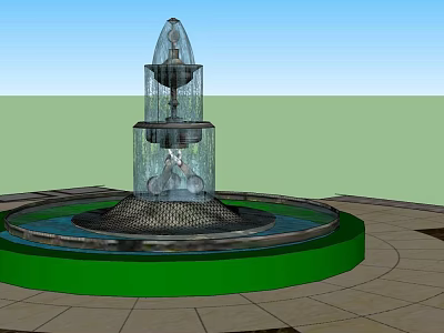 Multi Tiered Decorative Fountain With Circular Green Base And Paved Surroundings 3d model