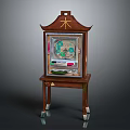 Wooden Chinese Display Cabinet with Decorative Top Glass Door Wheeled Base and Engraved Mu Character