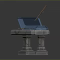 Mystical Floating Sword Above Blue Container and Opened Case on Stone Pedestals