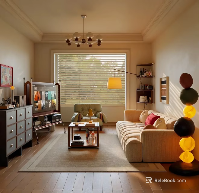 Cozy Living Room Interior With Beige Sofa Coffee Table Floor Lamp And Window Blinds 3d model 