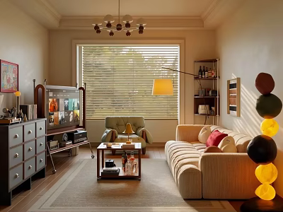 Cozy Living Room Interior With Beige Sofa Coffee Table Floor Lamp And Window Blinds 3d model