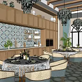 Elegant Luxury Restaurant Interior With Wooden Cabinets Chandeliers Dining Tables Chairs And Patterned Floor Tiles