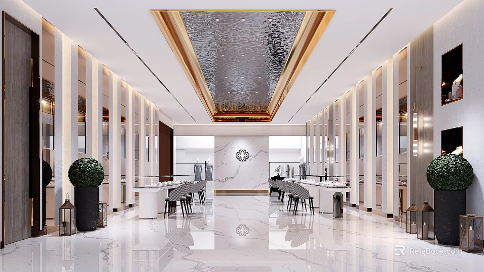 Elegant Hotel Lobby With Marble Flooring Chandeliers Green Plants And Reception Desk 3d model 