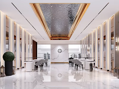 Elegant Hotel Lobby With Marble Flooring Chandeliers Green Plants And Reception Desk 3d model