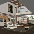 Duplex Living Room Interior With White Sofa Wooden Beams Skylight And Outdoor View