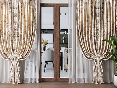 Gold Shiny Curtains With Sheer Panels For Elegant Interior Glass Door Dining Area 3d model