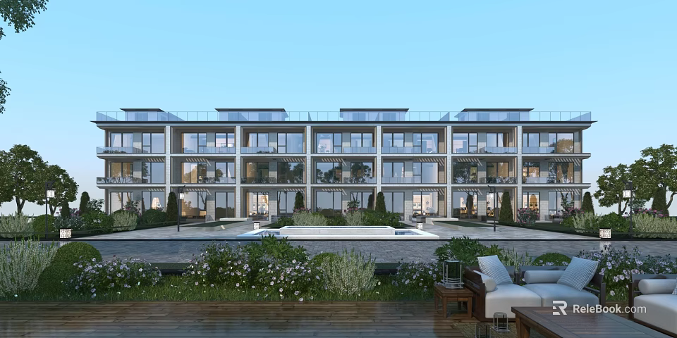 Modern Residential Building With Multi storey Glass Curtain Walls Courtyard Swimming Pool And Greenery 3d model 