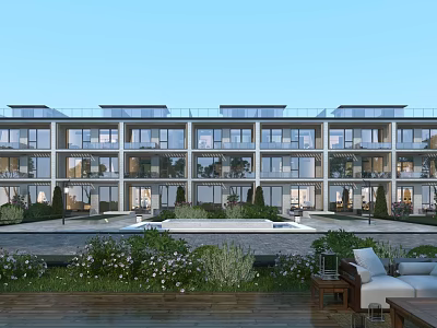 Modern Residential Building With Multi storey Glass Curtain Walls Courtyard Swimming Pool And Greenery 3d model