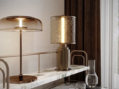 Modern Table Lamps With Textured Shade And Glass Cover On Marble Surface And Metal Stand 3d model