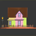 Miniature House Featuring Yellow Pink Walls Brown Roof Street Lamp Wooden Fence and Circular Platform