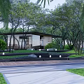 Modern Entrance Gate With Trees Steps And Orange Car Near High Rise Buildings