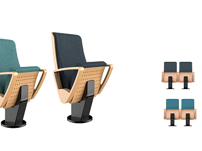 Modern Public Chair Design With Wooden Armrests Green Navy Seats And Black Metal Base 3d model