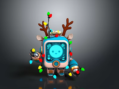 Christmas Themed Robot Figure With Reindeer Antlers Colorful Lights And Smiley Screen 3d model