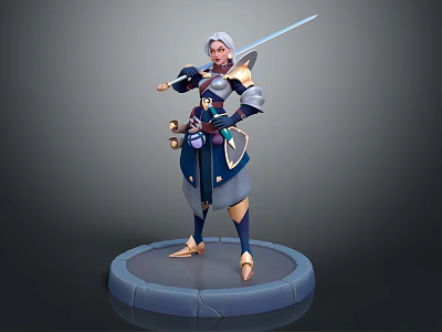 White Haired Female Warrior With Long Sword Blue Gold Armor In Combat Stance On Round Base 3d model
