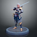 White Haired Female Warrior With Long Sword Blue Gold Armor In Combat Stance On Round Base