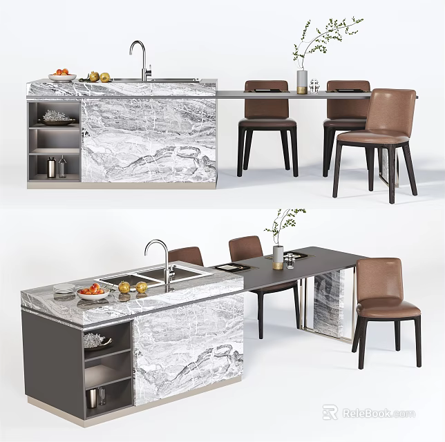 Modern Dining Table Set with Marble Tabletop Chairs Kitchen Island and Flower Vase 3d model