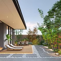 Modern Courtyard Garden With Wooden Deck Lounge Chairs Dining Table Stone Pathway And Bamboo Plants