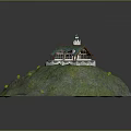 3D Island Model With Green Grass Pond And White Tower Building Scene