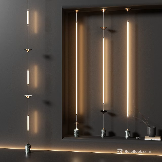 Sleek Modern Floor Lamp With Long LED Tube Design And Metal Base Against Dark Wall 3d model 