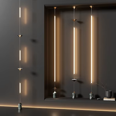 Sleek Modern Floor Lamp With Long LED Tube Design And Metal Base Against Dark Wall 3d model