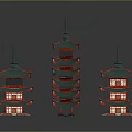 Cartoon Scenery Featuring Multiple Chinese Pagodas With Green Roofs And Red Decorations