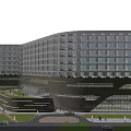 Modern Office Building Exterior Design With Glass Curtain Walls Multi Story Structure And Landscaping