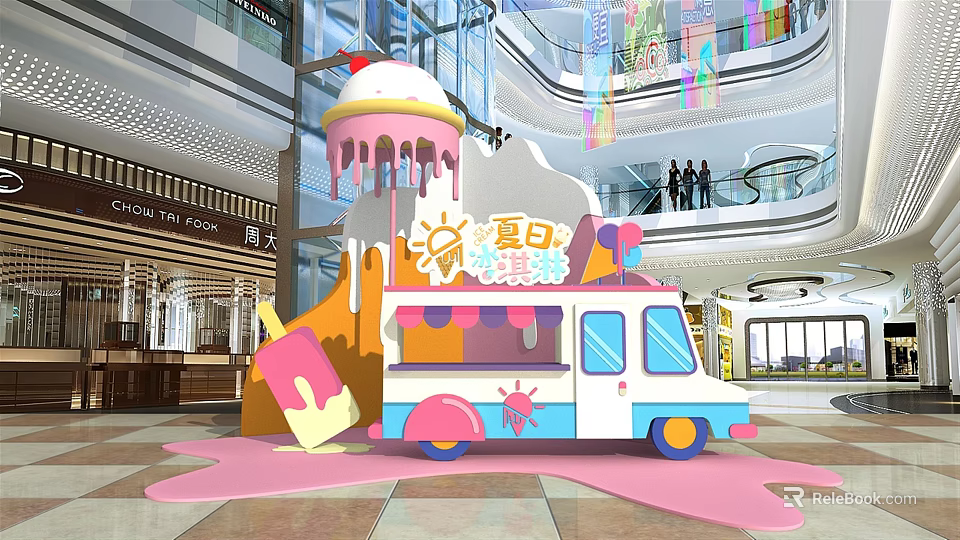 Summer Ice Cream Truck Decor With Melting Ice Cream Display In Mall 3d model 