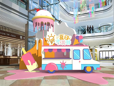 Summer Ice Cream Truck Decor With Melting Ice Cream Display In Mall 3d model