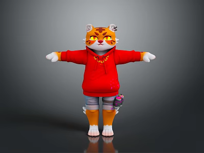 Cartoon Tiger Character In Red Hoodie Jeans With Open Arms Yellow Eyes Small Bag 3d model