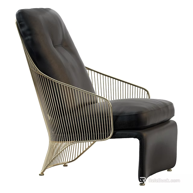 Modern Leisure Chair With Black Leather Seat And Golden Metal Frame Design 3d model 