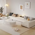 Beige Sofa and Coffee Table Set with Decorative Pillows White Tables Light Carpet and Wall Art