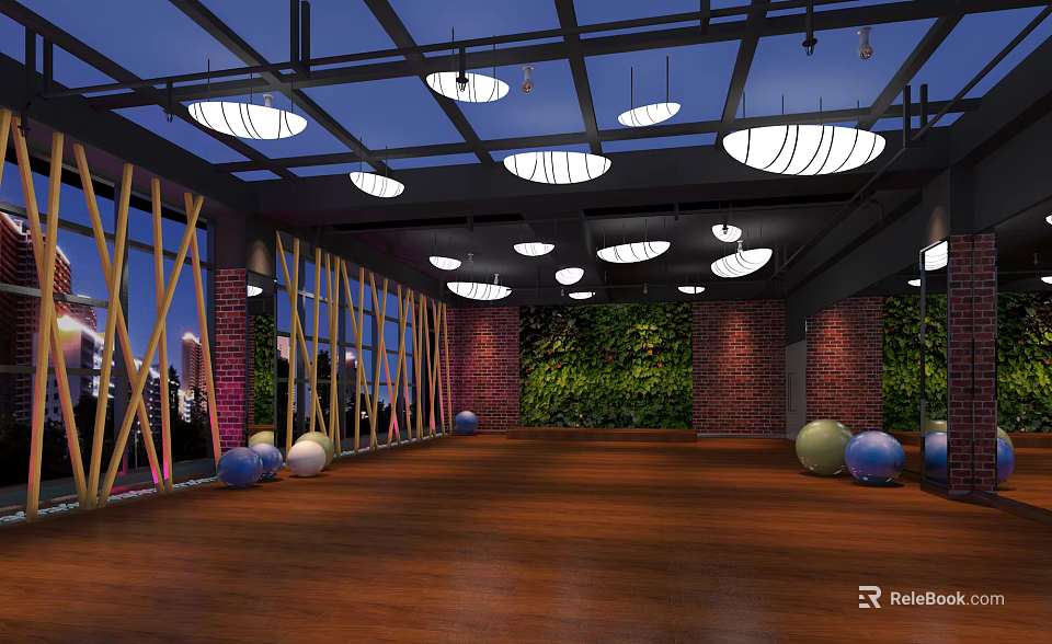 Spacious Fitness Studio With Colorful Exercise Balls Wooden Flooring Ceiling Lights And Green Plant Walls 3d model 