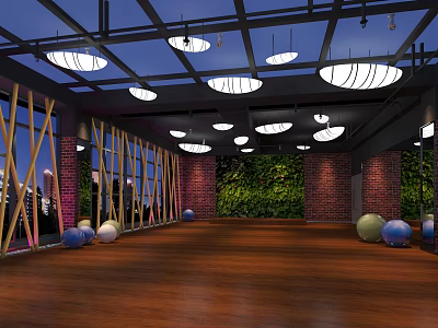 Spacious Fitness Studio With Colorful Exercise Balls Wooden Flooring Ceiling Lights And Green Plant Walls 3d model