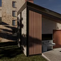 Modern Public Restroom Exterior With Wooden Cladding Glass Door Lawn And Trees
