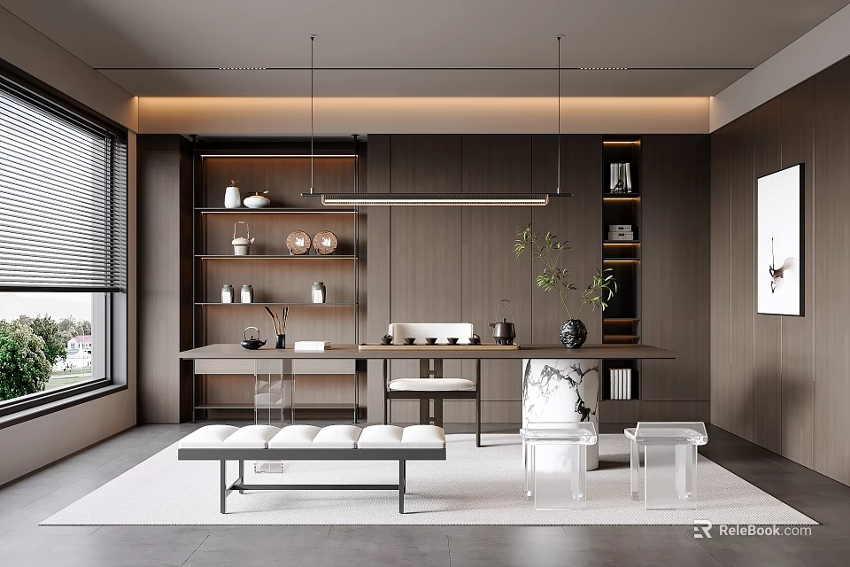 Modern Tea Room Interior Design With Wooden Cabinets Long Table Decorations And Natural Light 3d model 