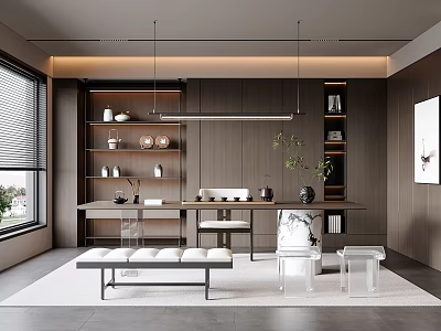 Modern Tea Room Interior Design With Wooden Cabinets Long Table Decorations And Natural Light 3d model