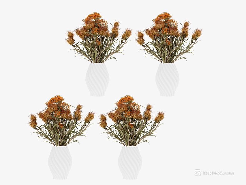 Four White Vases With Orange Flowers As Home Decor Items For Living Room 3d model 