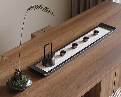 Natural Style Teaset with Teapot Tea Cups Tray on Wooden Table and Fern Plant 3d model