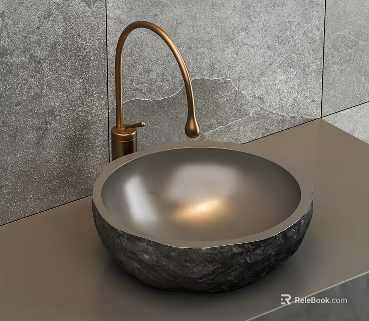 Round Stone Washbasin with Gold Faucet on Gray Wall Background 3d model 