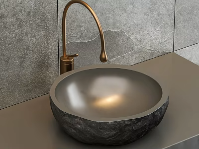 Round Stone Washbasin with Gold Faucet on Gray Wall Background 3d model