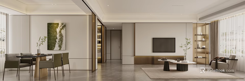 Modern Open Concept Dining Living Room Interior With Sofa TV And Dining Table 3d model