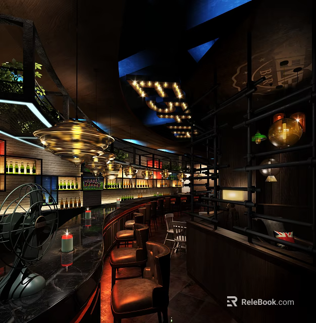 Modern Bar Interior Design With Bar Counter Wine Racks And Pendant Lighting 3d model 